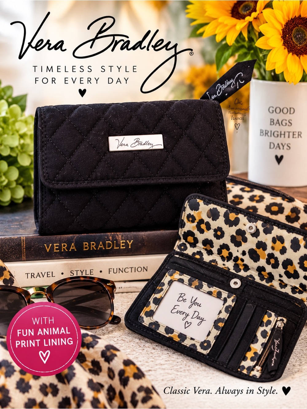 Vera Bradley Black Quilted Wallet | Animal Print Lining EUC